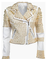 Woman White Leather Jacket, Steampunk Clothing Golden Studded Punk Jacket, Women’s Biker Jacket, Gold Studs Cowhide Leather, Studded Golden